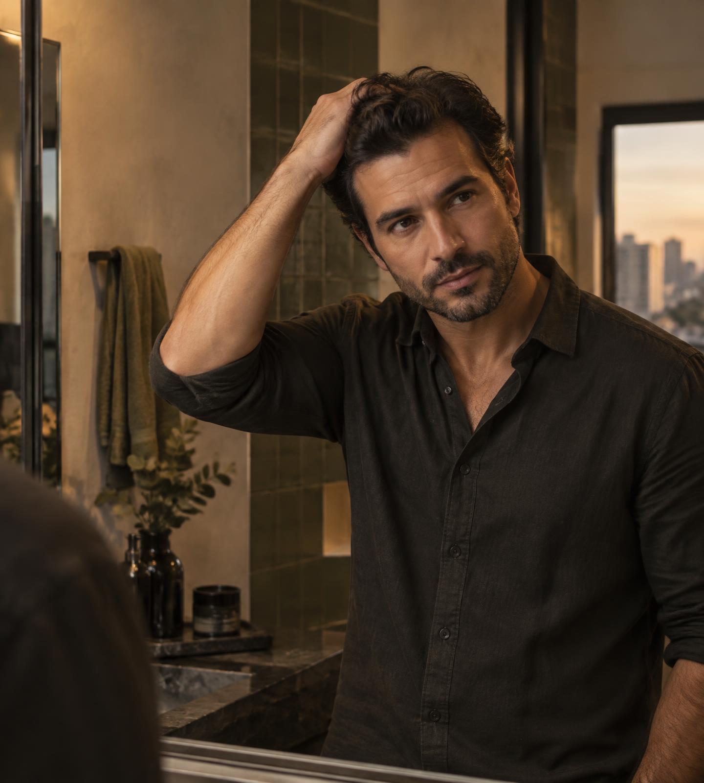 Homem cuidando do cabelo diante do espelho